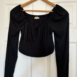 Madewell Black Ruched Long Sleeve Ribbed Peasant Bohemian Crop Top
